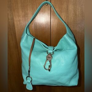 Dooney & Bourke Teal Logo Lock Leather Shoulder Bag - Pink Cotton Lining
